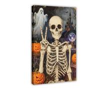 Halloween Skeleton Peace Sign Wall Art Haunted Graveyard Canvas Print Ghost And Pumpkin Decor, 08x12inch(20x30cm) Frame-Style
