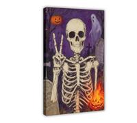 Halloween Skeleton Peace Sign Wall Art Purple Canvas Print Haunted Graveyard Ghost Decor, 20x30inch(50x75cm) Frame-Style-3