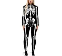 Halloween Skeleton Printed Jumpsuit for Women Elastic Back Zip Up Tight Long Sleeve Jumpsuit Holiday Cosplay Costume Black
