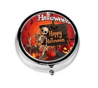 Halloween Skeleton Pumpkin Bat Round Pill Box with 3 Compartments, Mini Metal Pill Organizer for Purse or Pocket, Lightweight Portable for Daily Use Gifts Travel
