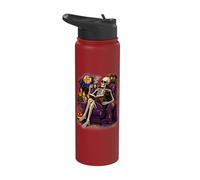 Halloween Skeleton Reading Spooky Tales Black Cat Stainless Steel Insulated Water Bottle