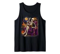 Halloween Skeleton Reading Spooky Tales Black Cat Tank Top