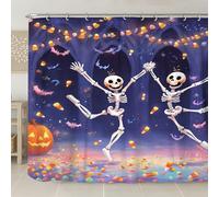 Halloween Skeleton Shower Curtain, Colorful Dancing Bones and Pumpkins Bathroom Decor, Autumn Festive Modern Art Waterproof Fabric Shower Curtain with Hooks 108x72 Inch