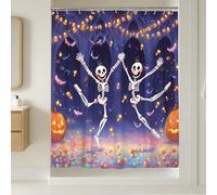 Halloween Skeleton Shower Curtain, Colorful Dancing Bones and Pumpkins Bathroom Decor, Autumn Festive Modern Art Waterproof Fabric Shower Curtain with Hooks 54x78 Inch
