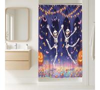 Halloween Skeleton Shower Curtain, Colorful Dancing Bones and Pumpkins Bathroom Decor, Autumn Festive Modern Art Waterproof Fabric Shower Curtain with Hooks 36x72 Inch