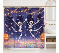 Halloween Skeleton Shower Curtain, Colorful Dancing Bones and Pumpkins Bathroom Decor, Autumn Festive Modern Art Waterproof Fabric Shower Curtain with Hooks 72x78 Inch