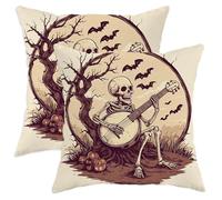 Halloween Skeleton Throw Pillow Covers Set of 2, Beige Spooky Banjo Player Cushion Cases, Decorative Farmhouse Decor for Sofa Couch Bed 28x28 Inch
