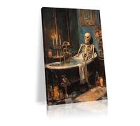 Halloween skeleton wall art retro skeleton canvas decoration unique immersive bone shower wall art bizarre Halloween Gothic decoration suitable for bathrooms and toilets（L24 xW16-framed）