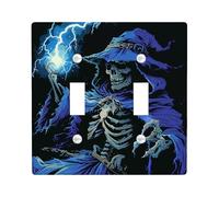 Halloween Skeleton Wizard Light Switch Cover Plates/Outlet Covers,Blue Lightning Spooky Decorations,Thermoplastic Wall Plates,Standard Size Double Toggle