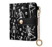 Halloween Skeletons Skulls Black Pattern Small Women Wallet Leather RFID Blocking Bifold Compact Card Holder with Coin Pocket Zipper Purse for Ladies Women Girls