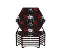 Halloween Skull 6-Piece Set Of Ceramic Coasters Fully Printed Non-Slip Absorbent Coasters, Made Of Environmentally-Friendly And Safe Ceramic Materials, Equipped With Metal Storage Racks