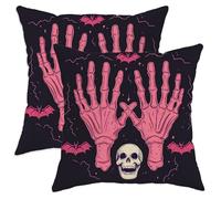 Halloween Skull and Hand Throw Pillow Covers Set of 2, Peach Skeleton Bat Decorative Cushion Cases for Spooky Home Decor, Halloween Party Living Room Sofa Couch 20x20 Inch