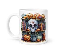 Halloween Skull and Pumpkin Design Watercolor Style Spooky Bookshelf Scene with Jack-o-Lanterns and Cauldron Ceramic Mug Seasonal Gift idea