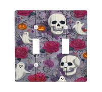 Halloween Skull and Rose Light Switch Cover Plate/Outlet Covers, Violet Ghostly Decor for Spooky Home Accents, Thermoplastic Wall Plates, Standard Size Double Toggle