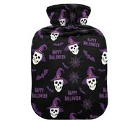 Halloween Skull Black Bat Hot Water Bottle with Cover for Pain Relief Bed Warmer Hot Water for Sports Injuries, 2L