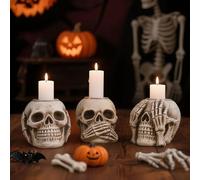 Halloween Skull Candle Holder, Skeleton Head Candlestick Holders Table Decor Centerpiece Candlesticks, Resin Horrible Spooky Creepy Crafts for Flameless Candle Halloween Christmas Home Party, Set of 3