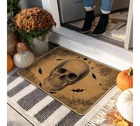 Halloween Skull Doormat, Rustic Beige Entrance Mat with Spooky Bats for Indoor & Outdoor Decor, Non-Slip Waterproof Dust-Resistant Welcome Mats, Easy to Clean 29x17 Inch
