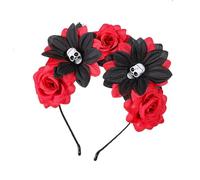 Halloween Skull Flower Headband Day Of The Dead Headpiece Floral Crown Bride Hairband Halloween Party Headwear (Red, One size)