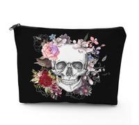 Halloween Skull Flowers Cosmetic Bags, Women Goth Floral Large Capacity Makeup Bag, Girl Gothic Skeleton Zipper Travel Bag, Black Portable Toiletries with Lined