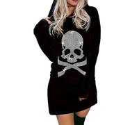 Halloween Skull Gothic Sweatshirt Women - Goth Skeleton Vintage Top Pattern Rhinestone Hoodie Black Casual Long Sleeve Y2k Clothes(Black,M,11561w)