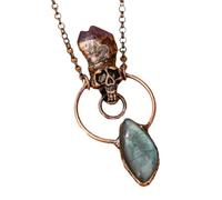 Halloween Skull Labradorite Pendant Necklace - Natural Raw Crystal Gothic Witchy Jewelry for Women, Spiritual Protection Amulet