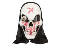 Halloween Skull Mask with Dangling Eyeball & Black Hood - Scary Skeleton Face Fancy Dress Costume Accessory for Adults & Teens - Bone White Creepy Mask with Red Scar - One Size Halloween Outfit