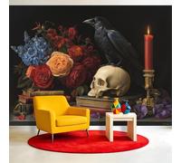 Halloween Skull Skeleton Wall Murals 350 x 256 cm, Crow Floral Flowers Mural Removable Wall Covering Fabric, Large Photo Wallpaper for Living Room Bedroom Kitchen Bathroom Office Kids