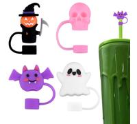 Halloween Skull Straw Toppers for Tumbler Cup Accessories Skeleton Bat Straw Cover Ghost Halloween Straw Covers Halloween Themed Drinking Straw Tip Horror Straw Topper Halloween Party Decorations 4Pcs