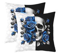 Halloween Skull Throw Pillow Covers,Blue Rose Exotic Floral Cushion Covers 18"x18" for Boys Teens,Vintage Gothic Country Pillowcases for Car RV,Skeleton Bones Room Decor,Set of 2