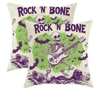Halloween Skull Throw Pillow Covers Set of 2, Green Skeleton Guitarist Design Cushion Cases, Spooky Decorative Square Home Decor for Sofa Couch 28x28 Inch
