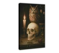 Halloween Skull Vanitas Owl Print, Gothic Dark Academia Wall Art, Creepy Vintage Baroque Symbolist Poster Frame-style 12x18inch(30x45cm)