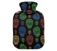 Halloween Skulls Patterns Black Hot Water Bottle with Cover for Pain Relief Water Heating Pad for Menstrual Cramps, 2L