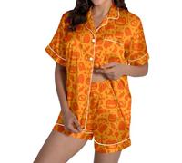 Halloween Sleepwears for Womens Pumpkin Bat Print Short Sleeve Button Down Elastic Waist Pants Casual Graphic Sleepwear Fashion Loungewear Costume Festive Holiday Pajama Multicolour