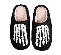 Halloween Slippers Boots for Women 3D Skeleton Print Indoor Socks Slippers Non-Slip Fluzzy Slipper Thermal Plush Slipper with Warm Faux Fur Collar Funny Foot Bone Ankle Boots Cosplay Black