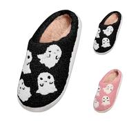 Halloween Slippers Women's Winter Men Cute Cartoon House Slippers Warm Cuddly Pumpkin Slippers Soft Ghost Plush Slippers Cosy Felt Slippers Indoor Girls Women Love Slippers, black, 10 UK