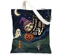 Halloween Sloth Canvas Tote Bag for Shopping 13x15, Horror Animal Graveyard Reusable Grocery Print Pattern Bag for Women, Spooky Scary Aesthetic Painting Gift Decor