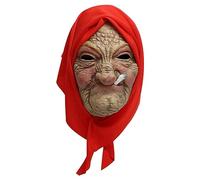 Halloween Smokey Granny Old Woman Mask Realistic Masks Novelty Latex Full Head Realistic Mask with Red Headscarf Scary Wrinkle Lifelike Masks for Adults Halloween Cosplay Costume Props