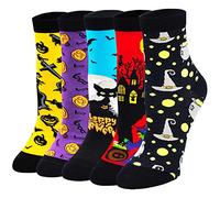 Halloween Socks for Women Funny Cotton Crazy Socks Novelty Pumpkin Bat Pattern Colourful Happy Halloween Party Design Socks Fancy Dress Up Costume Party Accessories, 5 Pairs,4-9,Halloween