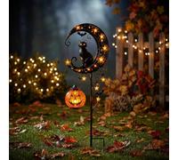 Halloween Solar Garden Stake Light with Hanging Pumpkin, Outdoor Ghost Decorations, Solar Powered Halloween Decorations, Vintage Patchwork Ghost Moon LED, Halloween Stake Lights for Outdoor Decor