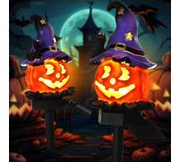 Halloween Solar Pumpkin Path Lights - 2 Pack Jack O'lantern & Witch Hat Led Stake Lights For Outdoor Yard, Porch, Garden Decor