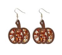 Halloween Spark Glitter Pumpkin Wooden Drop Earrings Thanksgiving Leopard Print Leather Pumpkin Wooden Dangle Earrings for Women Fall Thanksgiving Halloween Party Jewelry Gifts, Leather Acrylic Wood