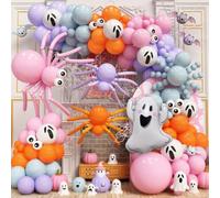 Halloween Spider Balloons Arch Kit, 131 Pcs Pastel Colorful Balloons Garland with Spider Web Cute Ghost Foil Print Balloon Pink Purple Balloon for Spooky Halloween Baby Shower Birthday Decorations