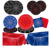 Halloween Spider Hero Birthday Party Decorations Supplies, Black Red Blue Spider Web Tableware Set with Plates Napkins and Tablecloth for Halloween, Birthday, Parties & Everyday Use