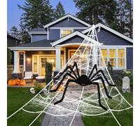 Halloween Spider Web Decorations - Giant Triangle Shape With 20in Black Spider - Indoor Outdoor Scary Haunted House Decor for Garden