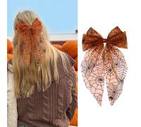 Halloween Spider Web Hair Bows Orange Translucent Lace Bow Clips with Spider Web Design Long Tail Bowknot Hair Barrettes Cute Tulle Mesh Bow Hair Accessories for Halloween Party Costume Decor