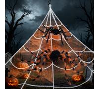Halloween Spider Web Set with 50" and 24'' Giant Spiders + 23ft Triangular Web & 20g Orange Stretch Spider Webs - Ultimate Scary Haunted House Decor for Garden, Porch, Party Halloween Decorations