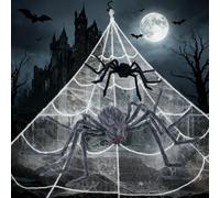 Halloween Spider Web Set with 50" and 24'' Giant Spiders + 23ft Triangular Web & 20g White Stretch Spider Webs - Ultimate Scary Haunted House Decor for Garden, Porch, Party Halloween Decorations
