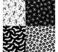 Halloween Spiders Skulls Bats Skeletons Printed Polycotton Fabric 4Pcs Fat Quarter Bundle for Crafting, Quilting, Sewing & Patchwork