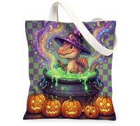 Halloween Spinosauruss Canvas Tote Bag for Shopping 13 * 15, Dinosaur Cauldron Reusable Grocery Bag for Women, Witch Work Travel Painting Gift Decor