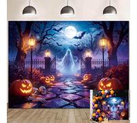 Halloween Spooky Forest Backdrop Ghost Pumpkin Lantern Bats Full Moon Night Photography Background Adults Kids Halloween Party Decor Banner Photo Props 8x6FT
